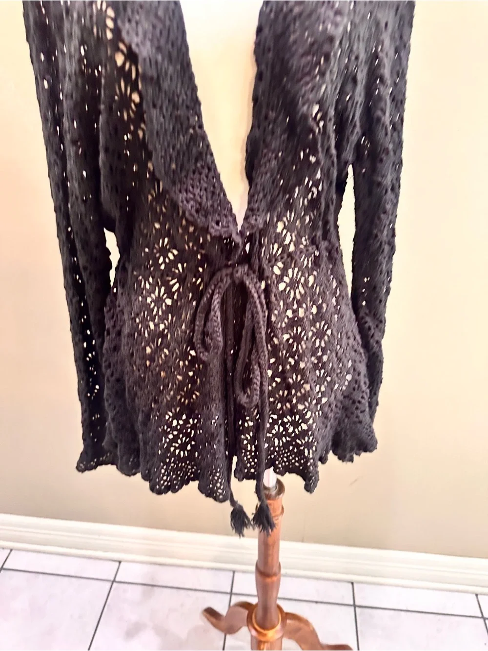 Oscar by Oscar De La Renta Black Crochet Tie-Front Sweater Cardigan L